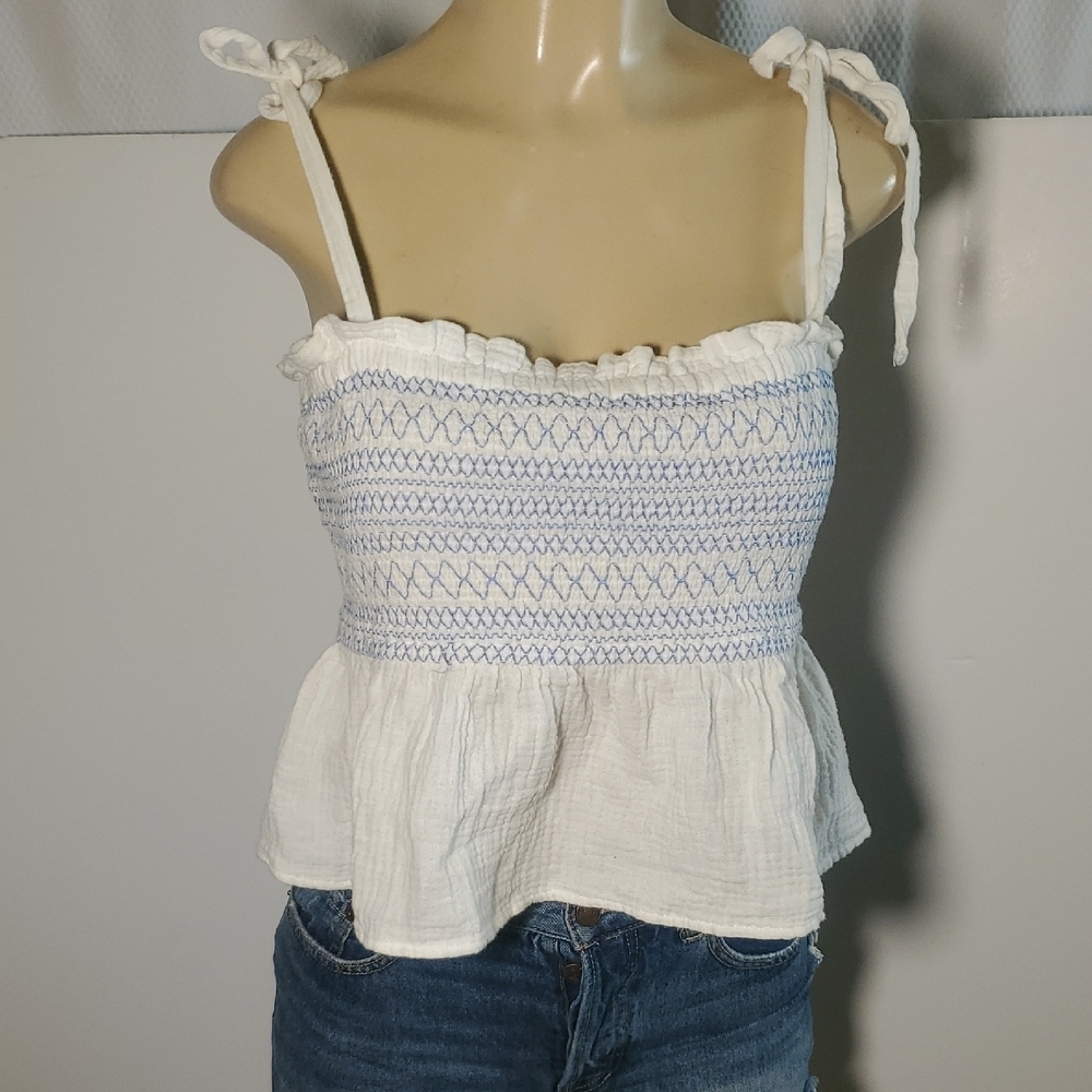 Free People White and Blue Smocked tie strap Blouse Size M